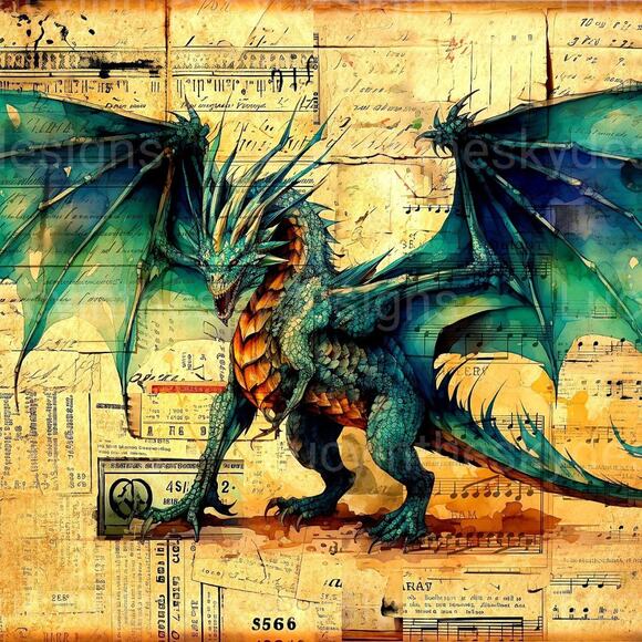 Blue Dragon Fantasy Art Print Wall Decor Mixed Media Collage Style Art Print - Picture 2 of 4